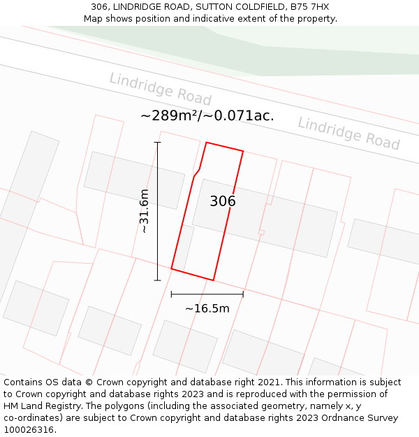 306, LINDRIDGE ROAD, SUTTON COLDFIELD, B75 7HX: Plot and title map