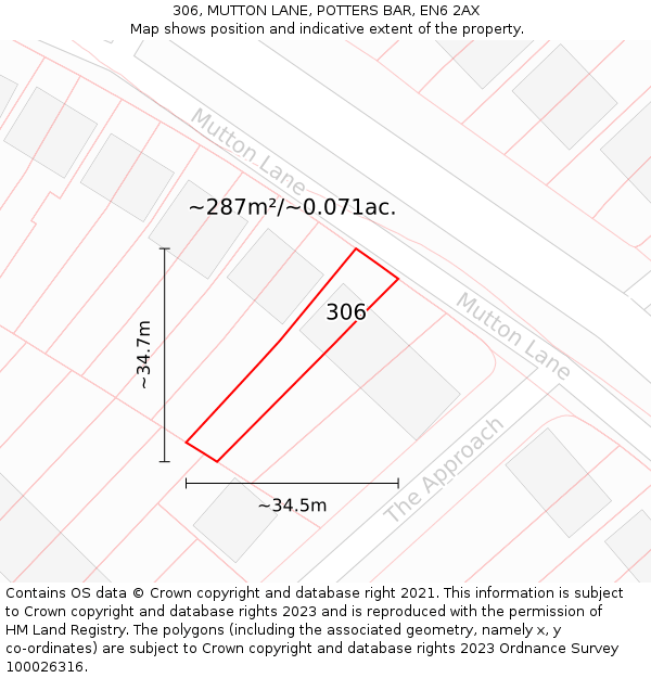 306, MUTTON LANE, POTTERS BAR, EN6 2AX: Plot and title map