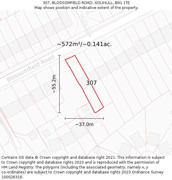 307, BLOSSOMFIELD ROAD, SOLIHULL, B91 1TE: Plot and title map