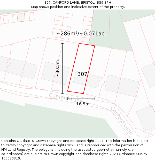 307, CANFORD LANE, BRISTOL, BS9 3PH: Plot and title map