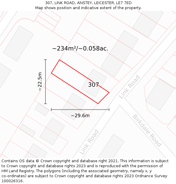 307, LINK ROAD, ANSTEY, LEICESTER, LE7 7ED: Plot and title map