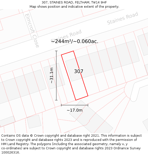 307, STAINES ROAD, FELTHAM, TW14 9HF: Plot and title map