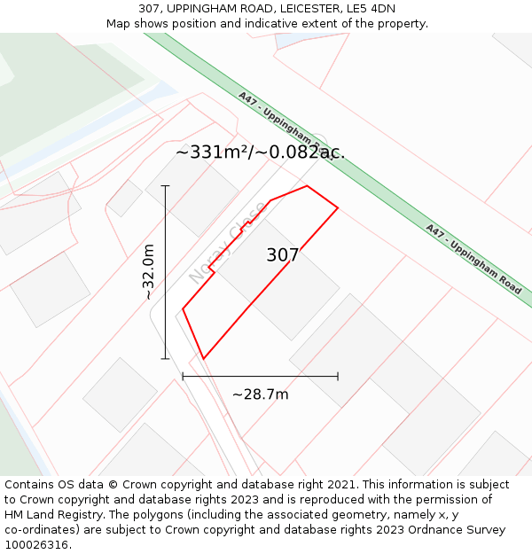 307, UPPINGHAM ROAD, LEICESTER, LE5 4DN: Plot and title map