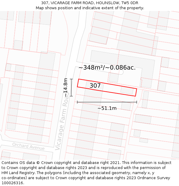 307, VICARAGE FARM ROAD, HOUNSLOW, TW5 0DR: Plot and title map