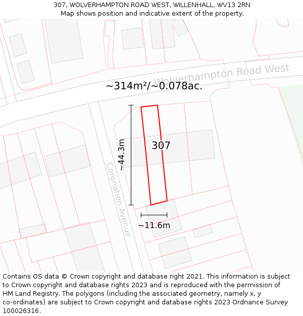307, WOLVERHAMPTON ROAD WEST, WILLENHALL, WV13 2RN: Plot and title map