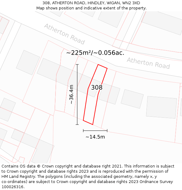 308, ATHERTON ROAD, HINDLEY, WIGAN, WN2 3XD: Plot and title map