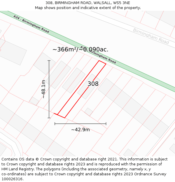 308, BIRMINGHAM ROAD, WALSALL, WS5 3NE: Plot and title map