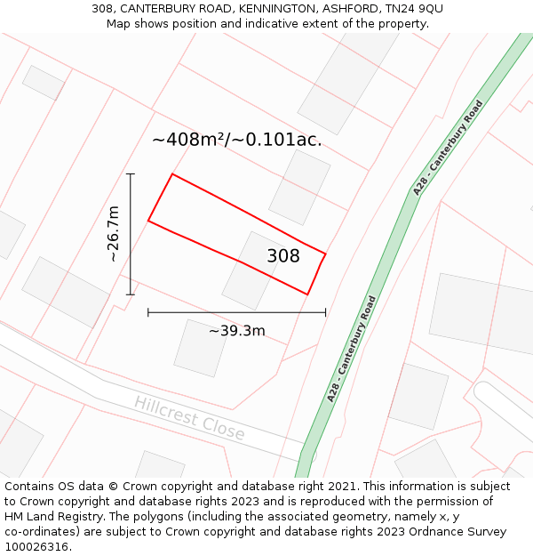 308, CANTERBURY ROAD, KENNINGTON, ASHFORD, TN24 9QU: Plot and title map