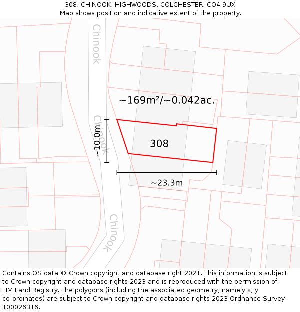 308, CHINOOK, HIGHWOODS, COLCHESTER, CO4 9UX: Plot and title map