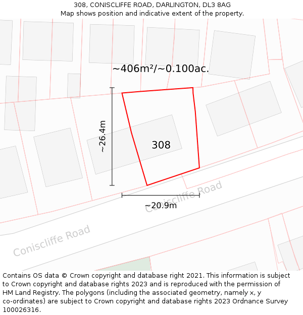 308, CONISCLIFFE ROAD, DARLINGTON, DL3 8AG: Plot and title map