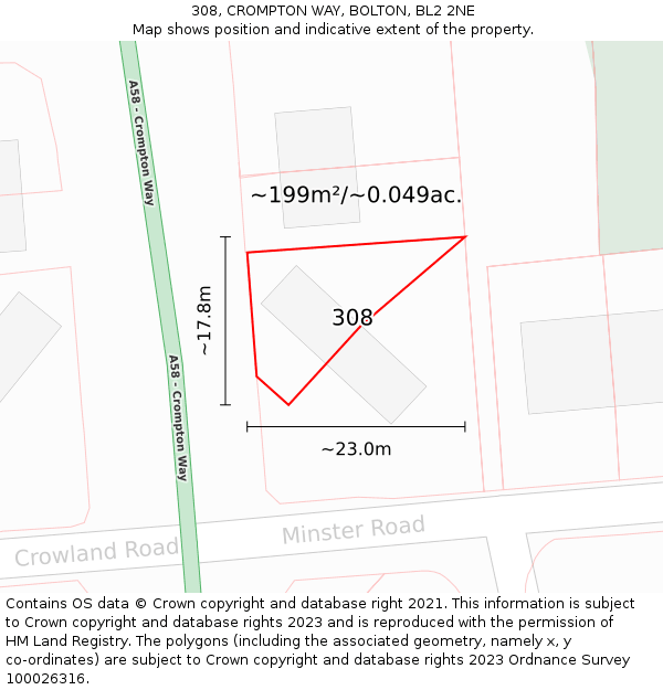 308, CROMPTON WAY, BOLTON, BL2 2NE: Plot and title map