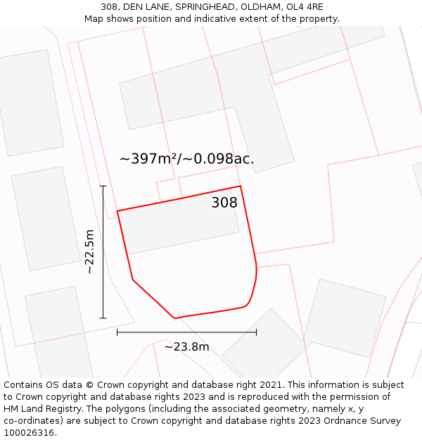 308, DEN LANE, SPRINGHEAD, OLDHAM, OL4 4RE: Plot and title map