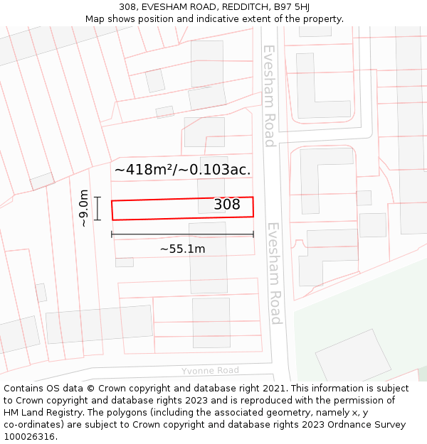308, EVESHAM ROAD, REDDITCH, B97 5HJ: Plot and title map