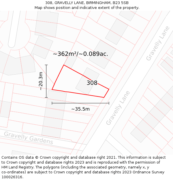 308, GRAVELLY LANE, BIRMINGHAM, B23 5SB: Plot and title map