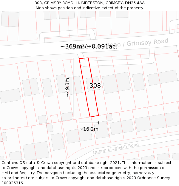 308, GRIMSBY ROAD, HUMBERSTON, GRIMSBY, DN36 4AA: Plot and title map