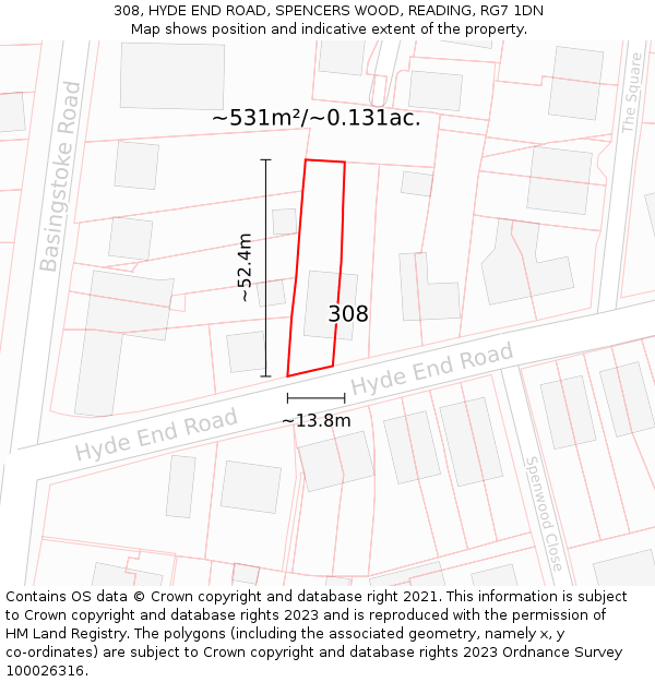 308, HYDE END ROAD, SPENCERS WOOD, READING, RG7 1DN: Plot and title map