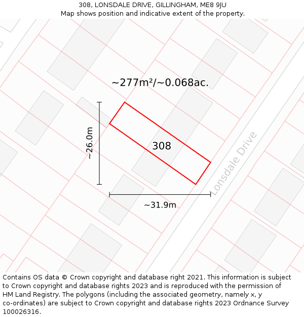 308, LONSDALE DRIVE, GILLINGHAM, ME8 9JU: Plot and title map