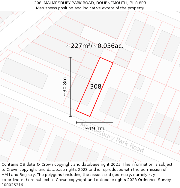 308, MALMESBURY PARK ROAD, BOURNEMOUTH, BH8 8PR: Plot and title map