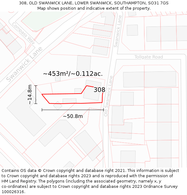 308, OLD SWANWICK LANE, LOWER SWANWICK, SOUTHAMPTON, SO31 7GS: Plot and title map
