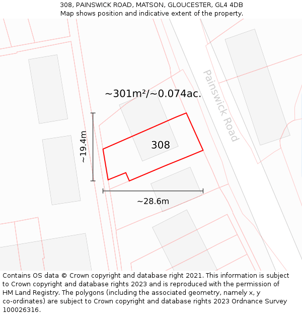 308, PAINSWICK ROAD, MATSON, GLOUCESTER, GL4 4DB: Plot and title map