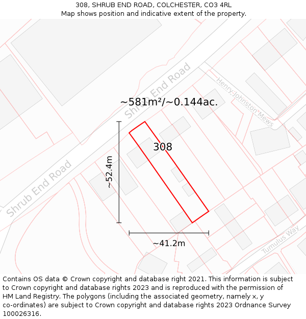 308, SHRUB END ROAD, COLCHESTER, CO3 4RL: Plot and title map