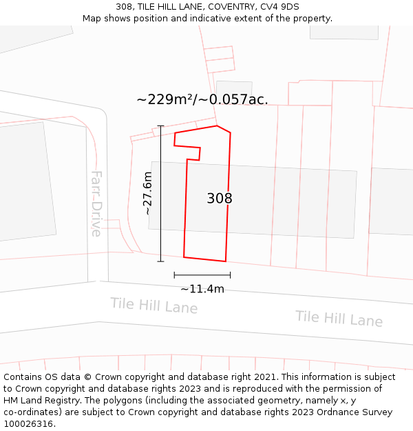 308, TILE HILL LANE, COVENTRY, CV4 9DS: Plot and title map