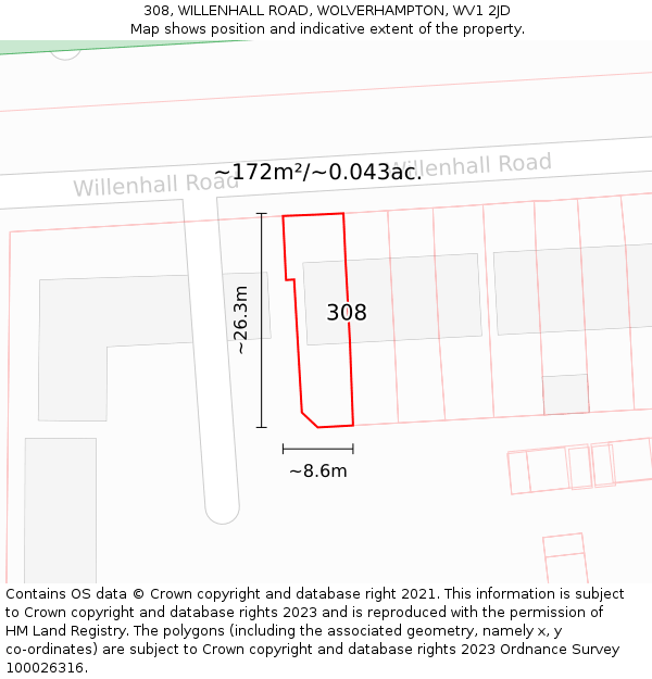 308, WILLENHALL ROAD, WOLVERHAMPTON, WV1 2JD: Plot and title map