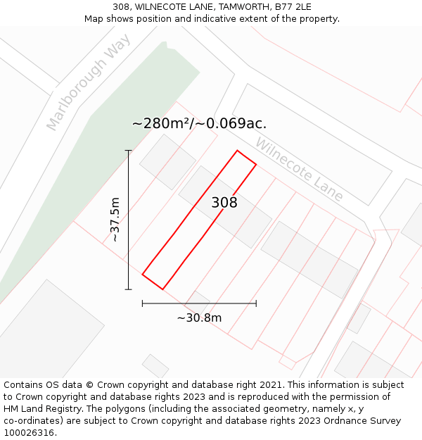 308, WILNECOTE LANE, TAMWORTH, B77 2LE: Plot and title map