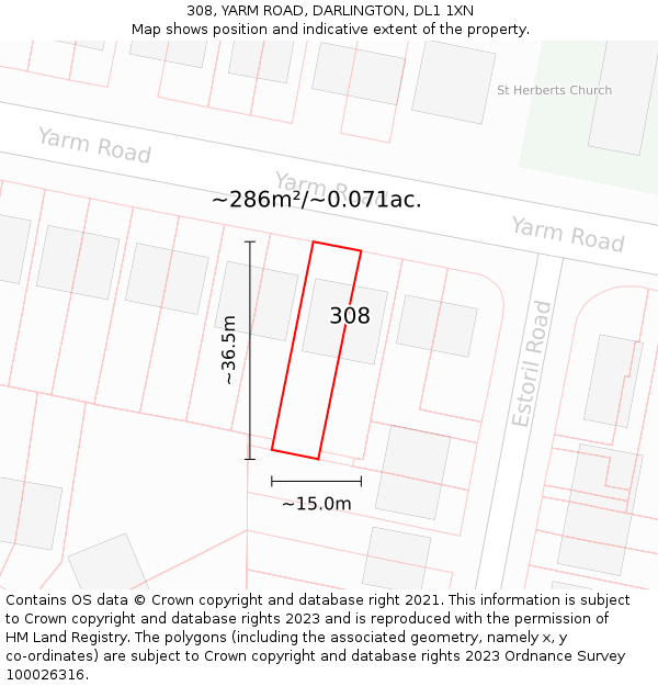 308, YARM ROAD, DARLINGTON, DL1 1XN: Plot and title map