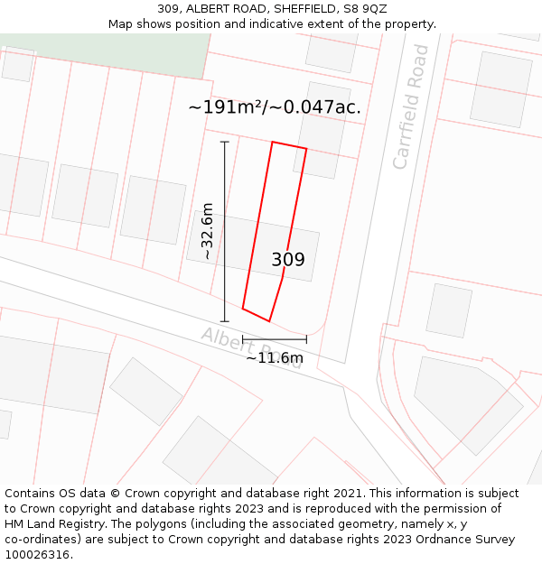 309, ALBERT ROAD, SHEFFIELD, S8 9QZ: Plot and title map