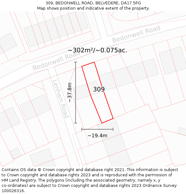 309, BEDONWELL ROAD, BELVEDERE, DA17 5PG: Plot and title map