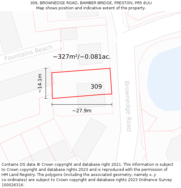 309, BROWNEDGE ROAD, BAMBER BRIDGE, PRESTON, PR5 6UU: Plot and title map