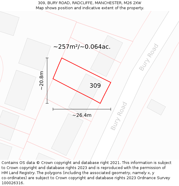 309, BURY ROAD, RADCLIFFE, MANCHESTER, M26 2XW: Plot and title map
