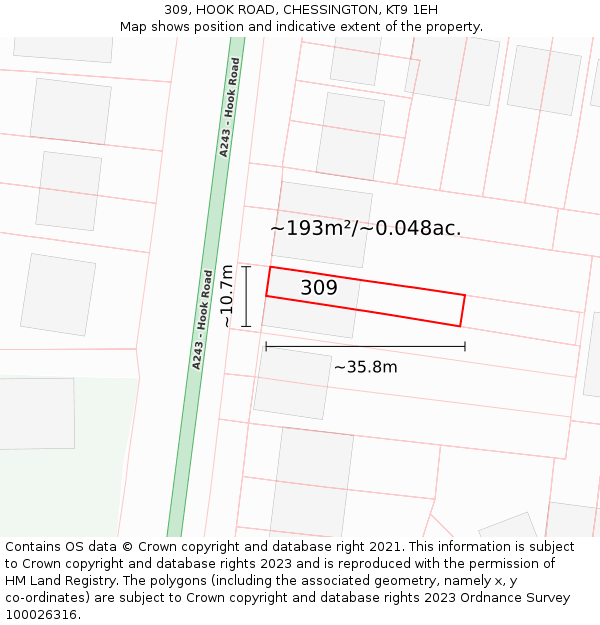309, HOOK ROAD, CHESSINGTON, KT9 1EH: Plot and title map