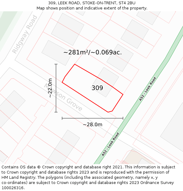 309, LEEK ROAD, STOKE-ON-TRENT, ST4 2BU: Plot and title map