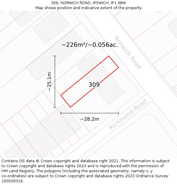 309, NORWICH ROAD, IPSWICH, IP1 4BW: Plot and title map