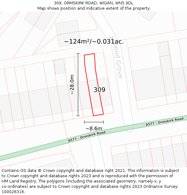309, ORMSKIRK ROAD, WIGAN, WN5 9DL: Plot and title map