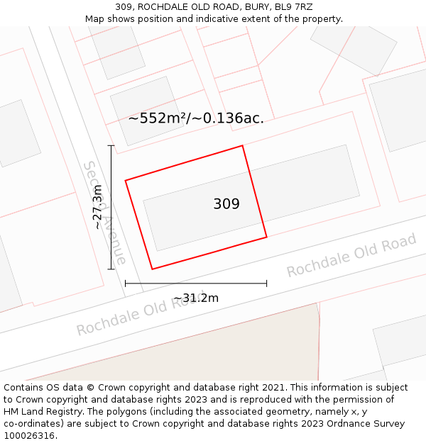 309, ROCHDALE OLD ROAD, BURY, BL9 7RZ: Plot and title map