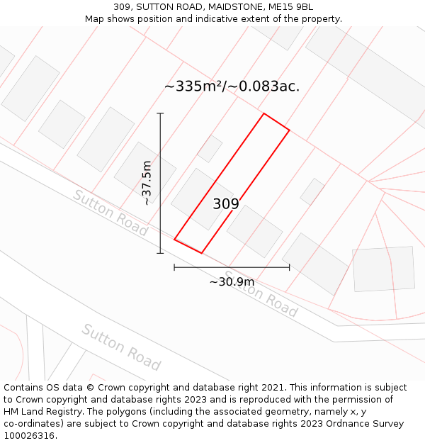 309, SUTTON ROAD, MAIDSTONE, ME15 9BL: Plot and title map