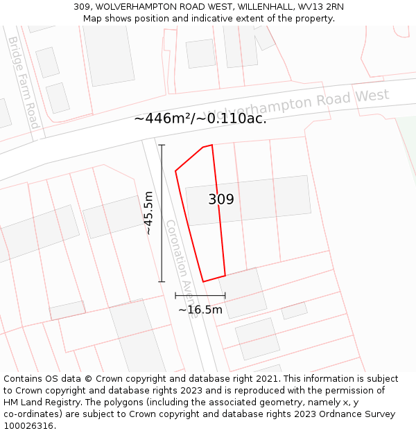 309, WOLVERHAMPTON ROAD WEST, WILLENHALL, WV13 2RN: Plot and title map