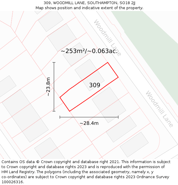 309, WOODMILL LANE, SOUTHAMPTON, SO18 2JJ: Plot and title map