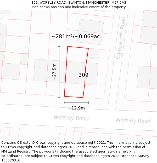 309, WORSLEY ROAD, SWINTON, MANCHESTER, M27 0AS: Plot and title map