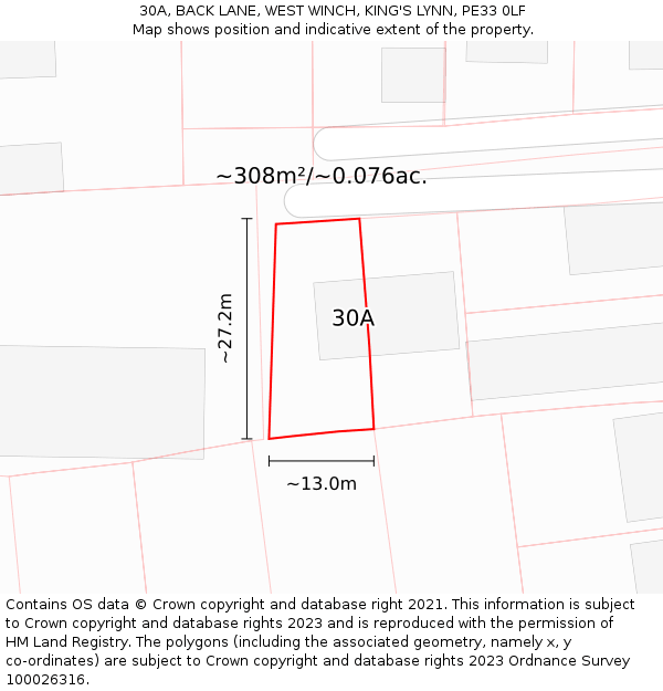 30A, BACK LANE, WEST WINCH, KING'S LYNN, PE33 0LF: Plot and title map