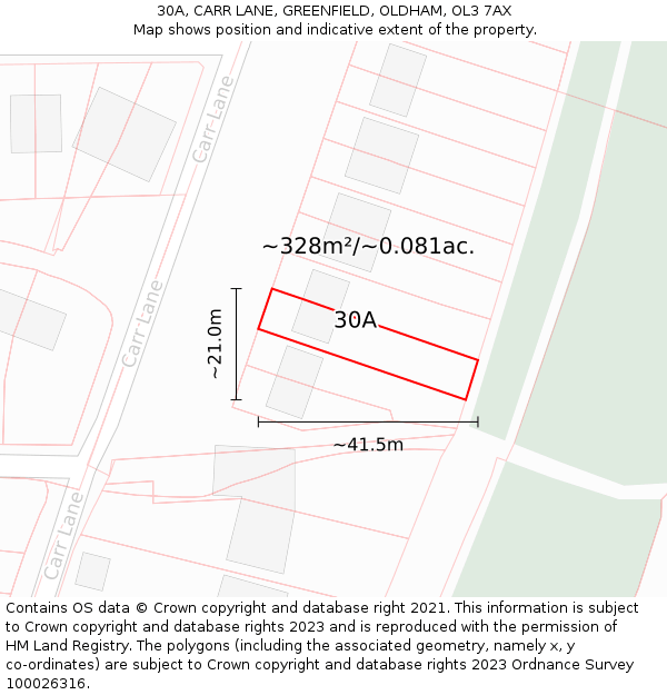 30A, CARR LANE, GREENFIELD, OLDHAM, OL3 7AX: Plot and title map