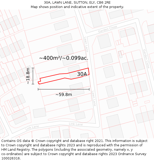 30A, LAWN LANE, SUTTON, ELY, CB6 2RE: Plot and title map