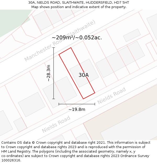 30A, NIELDS ROAD, SLAITHWAITE, HUDDERSFIELD, HD7 5HT: Plot and title map
