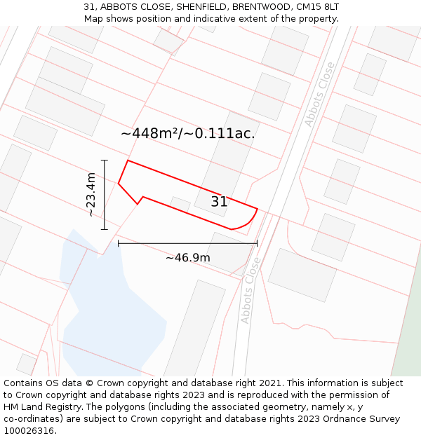31, ABBOTS CLOSE, SHENFIELD, BRENTWOOD, CM15 8LT: Plot and title map