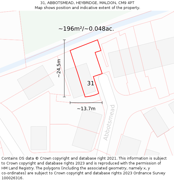31, ABBOTSMEAD, HEYBRIDGE, MALDON, CM9 4PT: Plot and title map