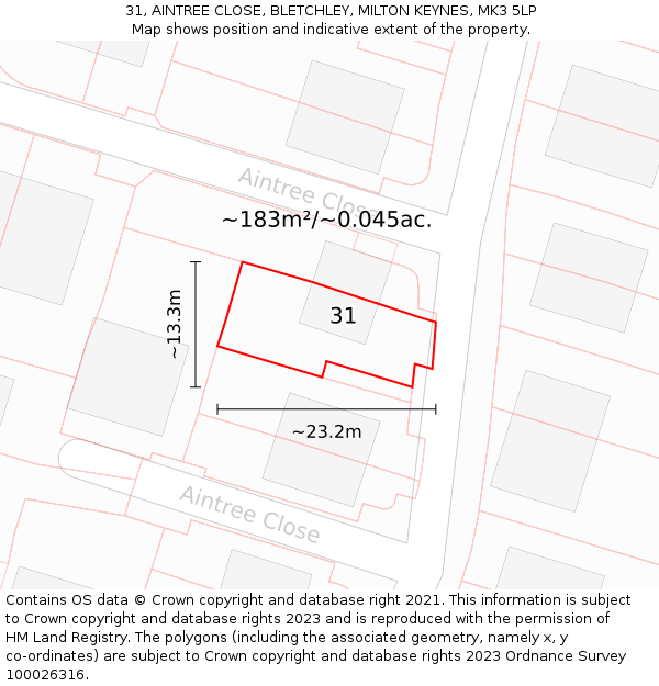 31, AINTREE CLOSE, BLETCHLEY, MILTON KEYNES, MK3 5LP: Plot and title map