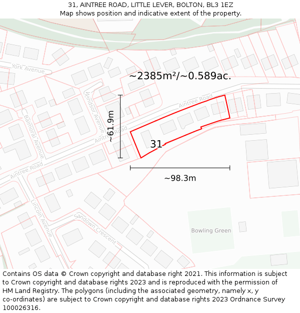 31, AINTREE ROAD, LITTLE LEVER, BOLTON, BL3 1EZ: Plot and title map